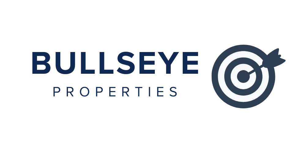 Bullseye Properties logo, navy wordmark next to a dartboard target with an arrow in the centre ring