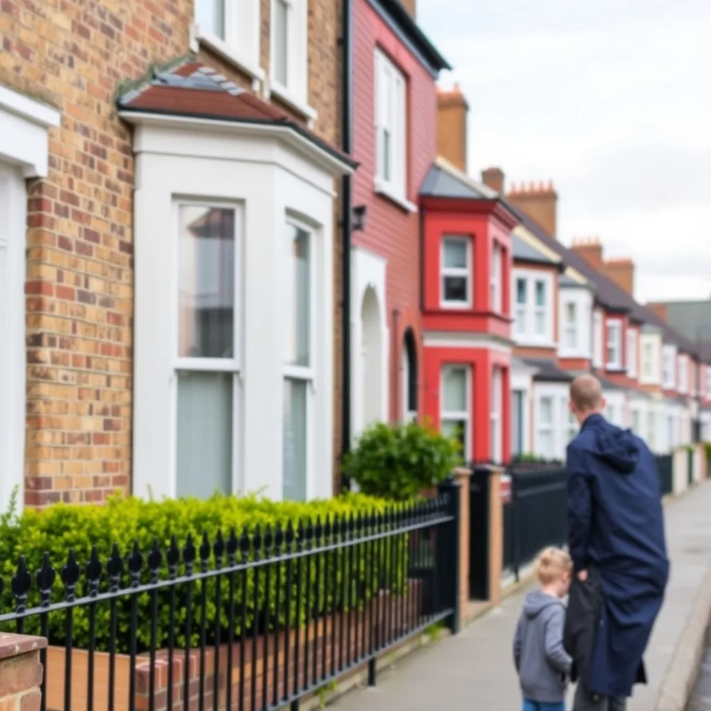 A row of terraced houses with bay windows and brick and painted frontages, behind low hedges and black railings, with an adult and a child walking along the pavement
