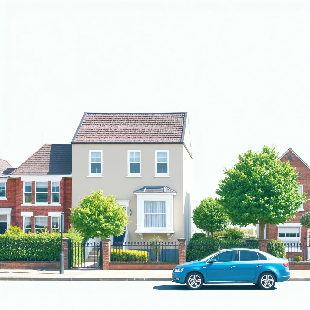 A two storey rendered house with a tiled roof and a bay window, standing between brick neighbouring houses behind railings and trees, with a blue car parked at the kerb