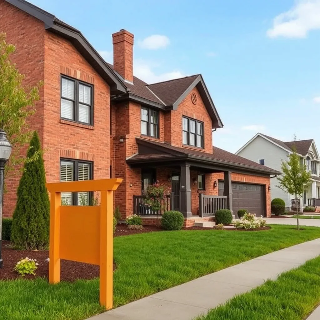 A red brick two storey house with a chimney, covered porch and attached garage, with a blank orange sign board standing on the front lawn beside the pavement